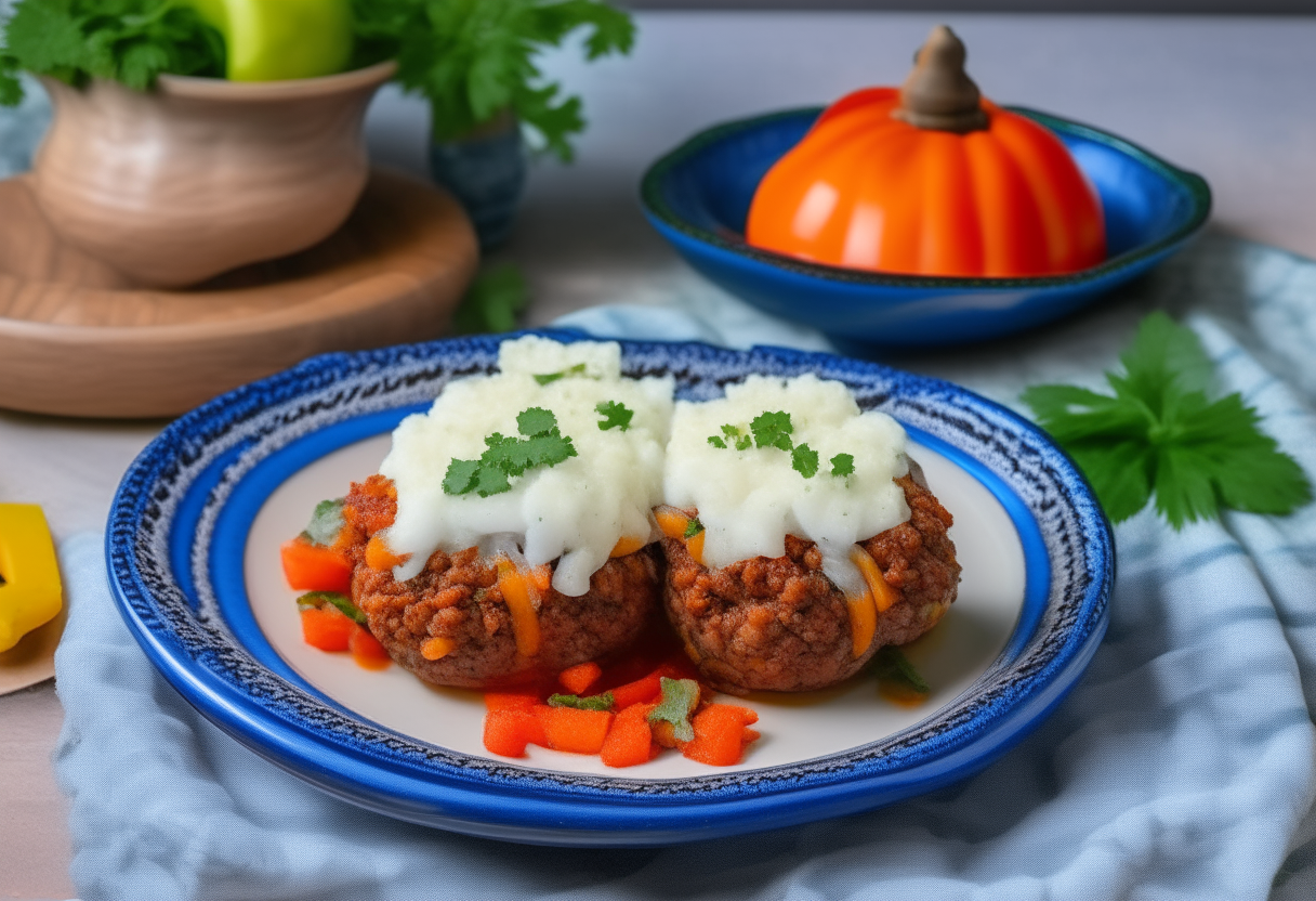 Air fried stuffed peppers with ground beef, rice, cheese, parsley, sour cream and salsa fresca on an earthenware dish with blue and white checkered tablecloth backdrop and small American flag