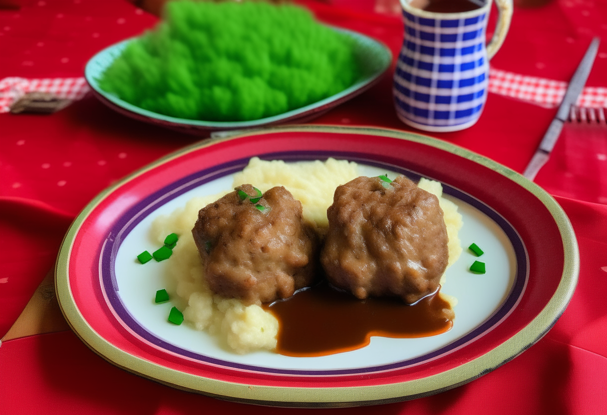 Air fried meatloaf minis with ketchup glaze, mashed potatoes and peas on a farmhouse style platter with red gingham tablecloth backdrop and small American flag