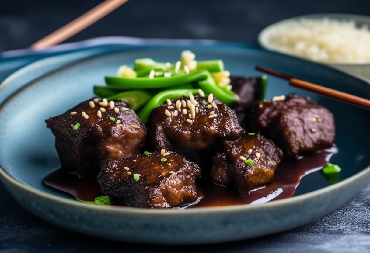 Air fried Mongolian beef bites with green onions and sesame seeds on a blue porcelain plate with white rice, broccoli, chopsticks and soy sauce