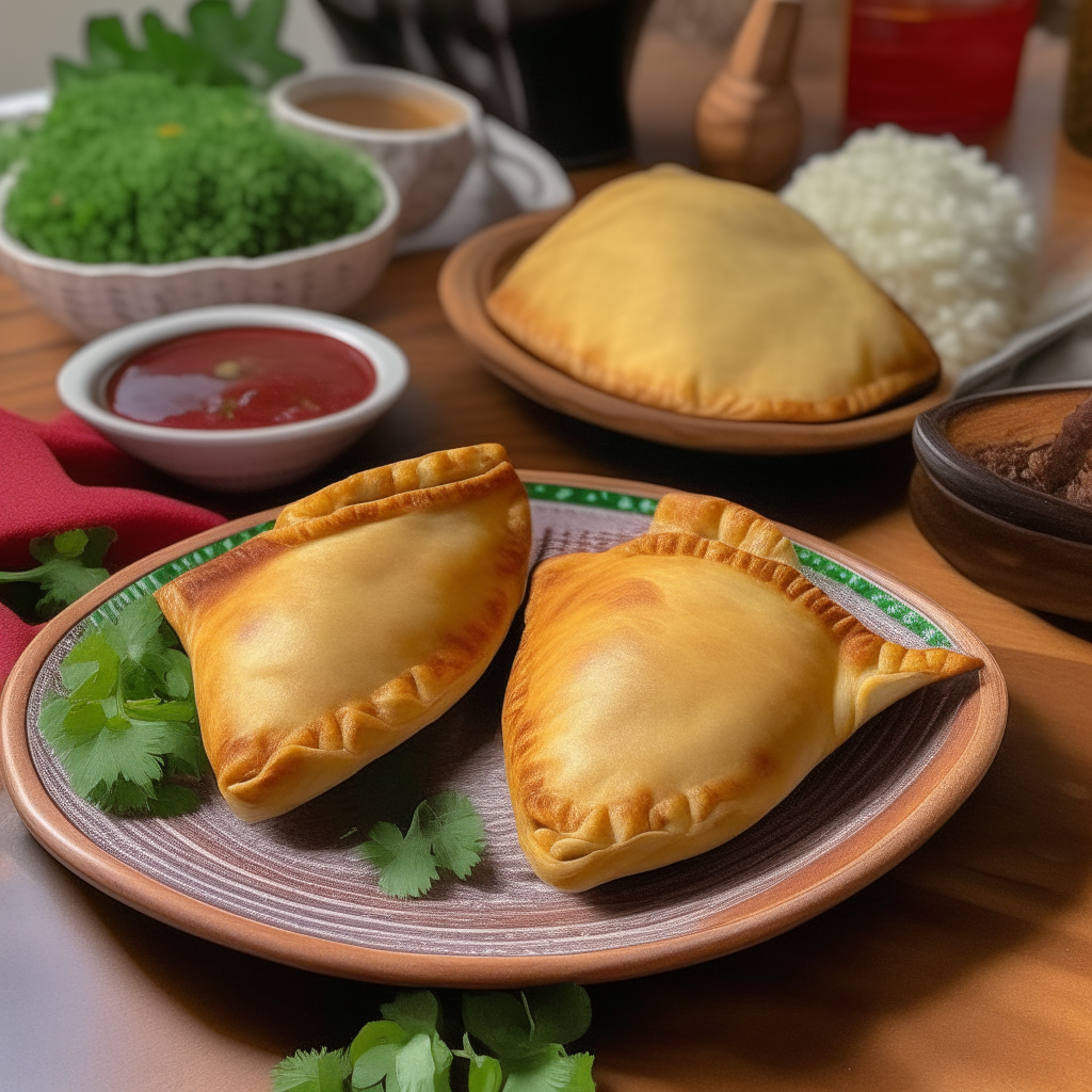 Empanadas with beef filling on a ceramic plate, accompanied by salsa and avocado dip. The table has a woven runner and cactus centerpiece.