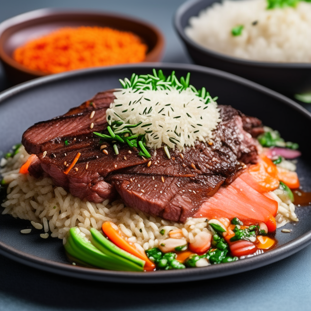 Air Fryer Korean BBQ beef with rice, kimchi and vegetables on a modern plate Detailed photo of sizzling, juicy Korean BBQ beef slices garnished with sesame seeds and green onions