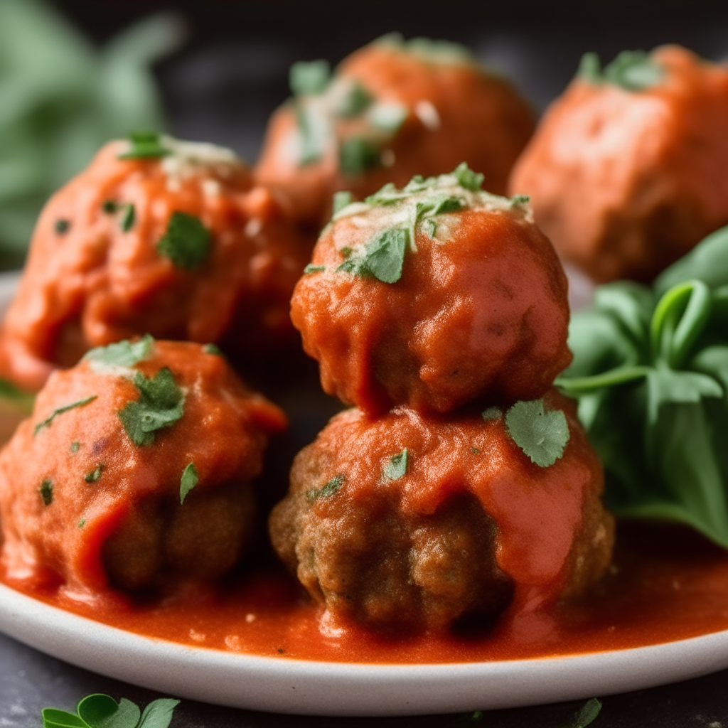 Close up photo of air fried Italian meatballs with marinara sauce, parmesan and parsley