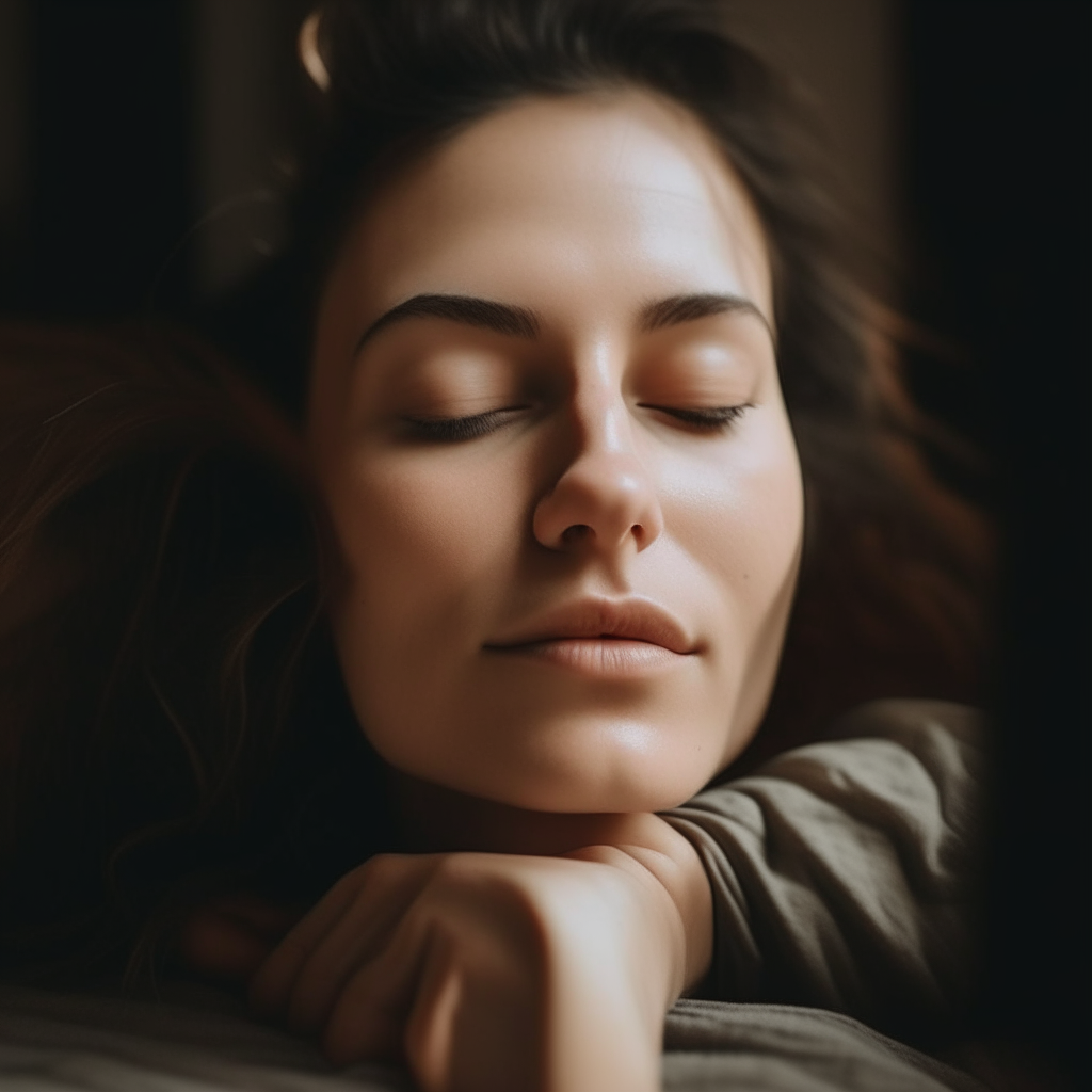 A woman lying on her side with her head propped up