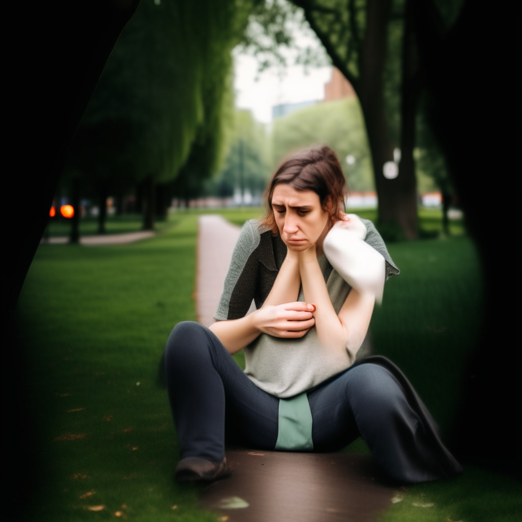 The woman sitting with her elbows on her knees in a city park