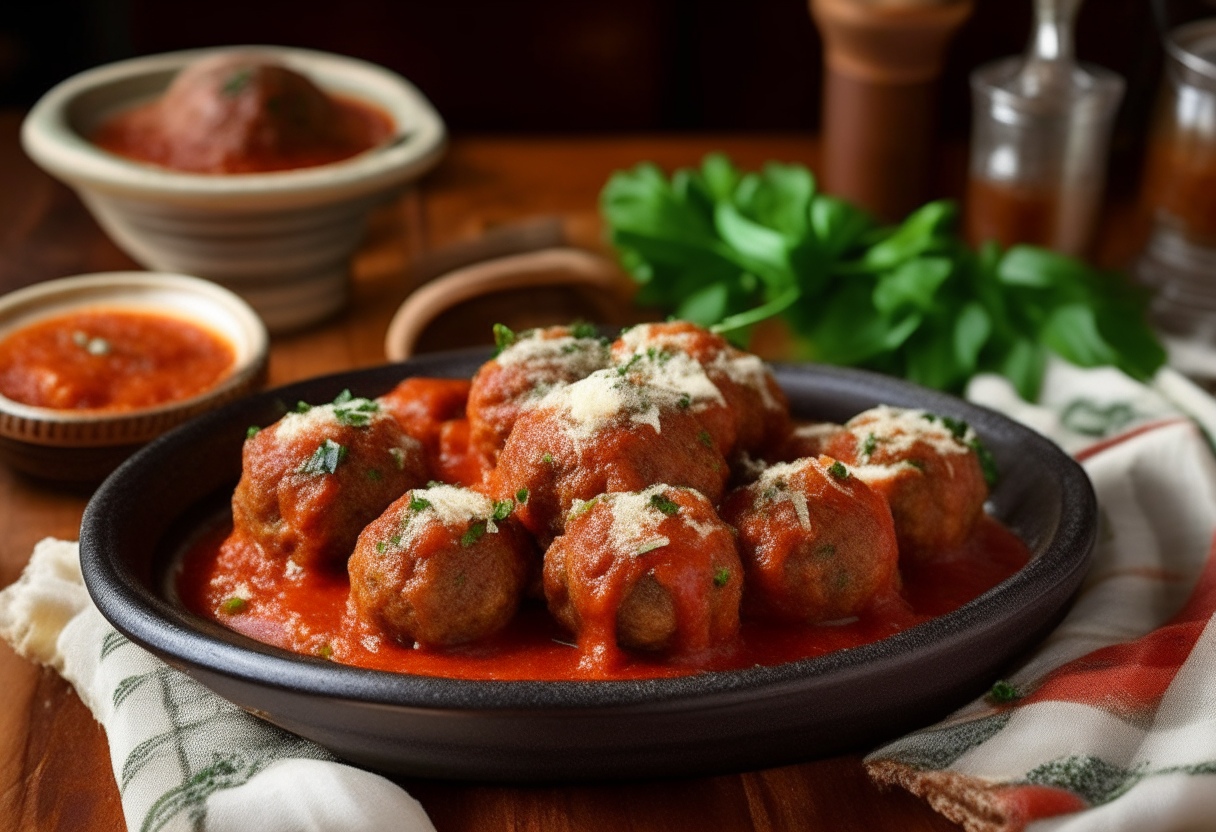 A sumptuous array of golden-brown, perfectly spherical Air Fryer Italian Beef Meatballs on a rustic earthenware platter, amidst a rich, herb-infused marinara sauce, generously sprinkled with grated Parmesan cheese and chopped parsley, with a warm, inviting Italian-American kitchen setting featuring a red-and-white checkered tablecloth, crusty Italian bread, Chianti wine bottle, ornate silverware and linen napkin in the background, digitally painted