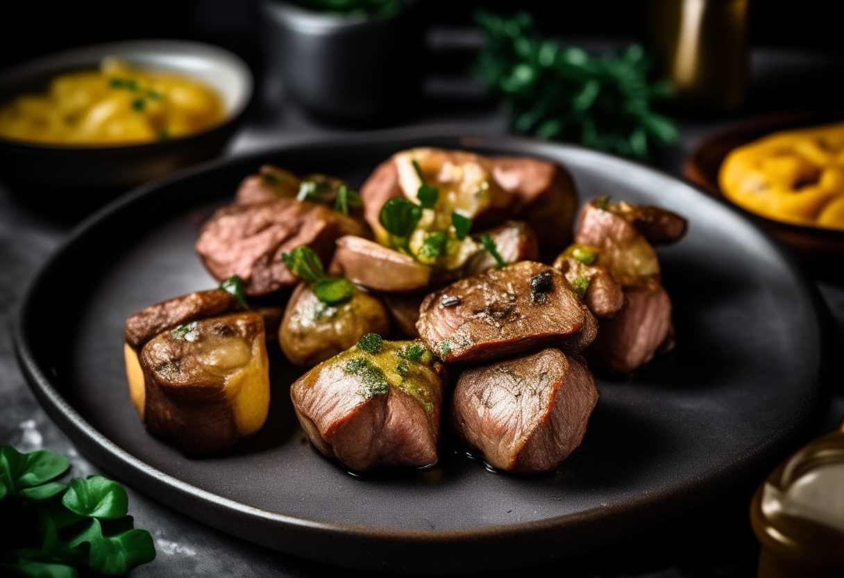 Air Fryer Garlic Butter Steak Bites on a dark slate serving board, with caramelized, golden sear, garlic butter glaze, sea salt, black pepper, chopped parsley garnish, with roasted potatoes and sautéed green beans in the background in a rustic American kitchen setting, digitally painted artwork