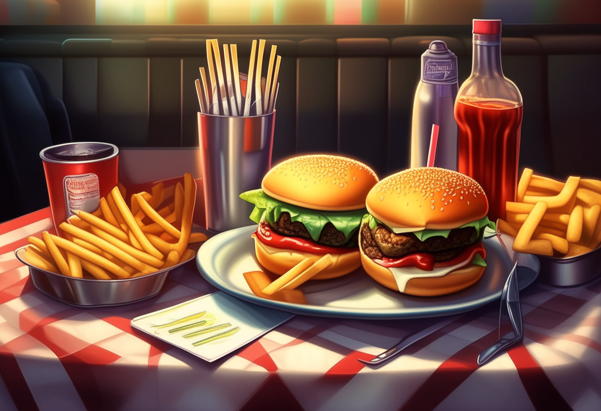 Air Fryer Classic Beef Burgers with lettuce, tomato, red onion, melted cheddar cheese, in toasted brioche buns, with golden air-fried fries and ketchup, in a nostalgic American diner setting with checkered napkins and a vintage cola bottle, digitally painted artwork