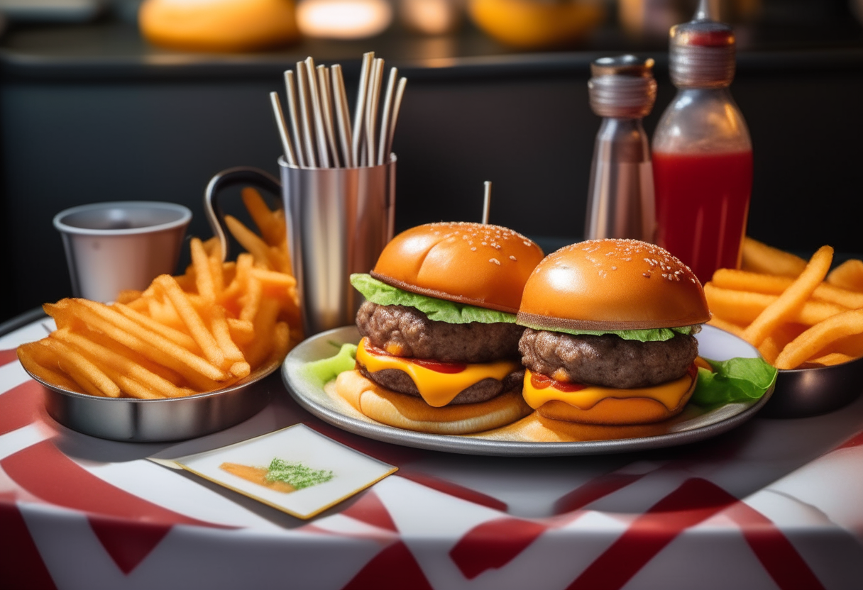 A photo of Air Fryer Classic Beef Burgers with lettuce, tomato, red onion, melted cheddar cheese, in toasted brioche buns, with golden air-fried fries and ketchup, in a nostalgic American diner setting