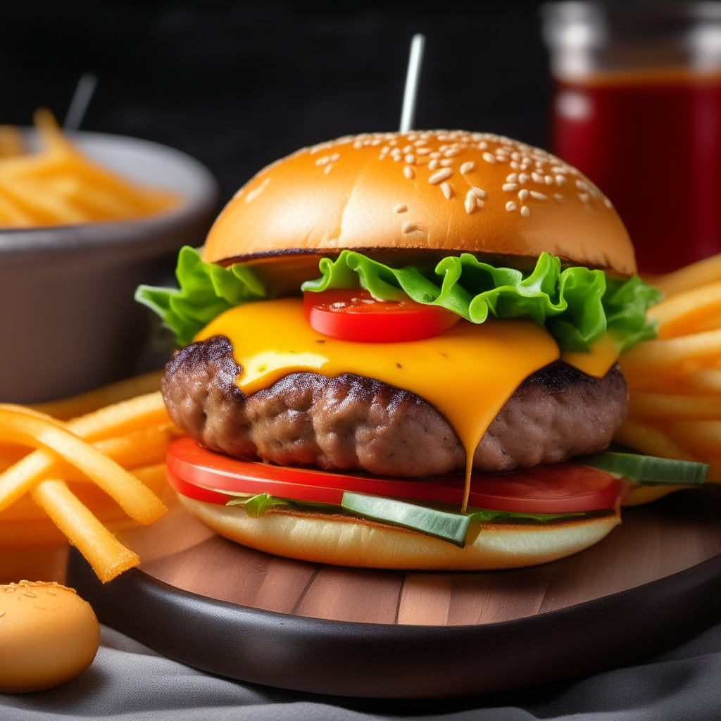 A photo of a sizzling Air Fryer Classic Beef Burger in a brioche bun, with lettuce, tomato and melted cheese, next to golden fries and ketchup