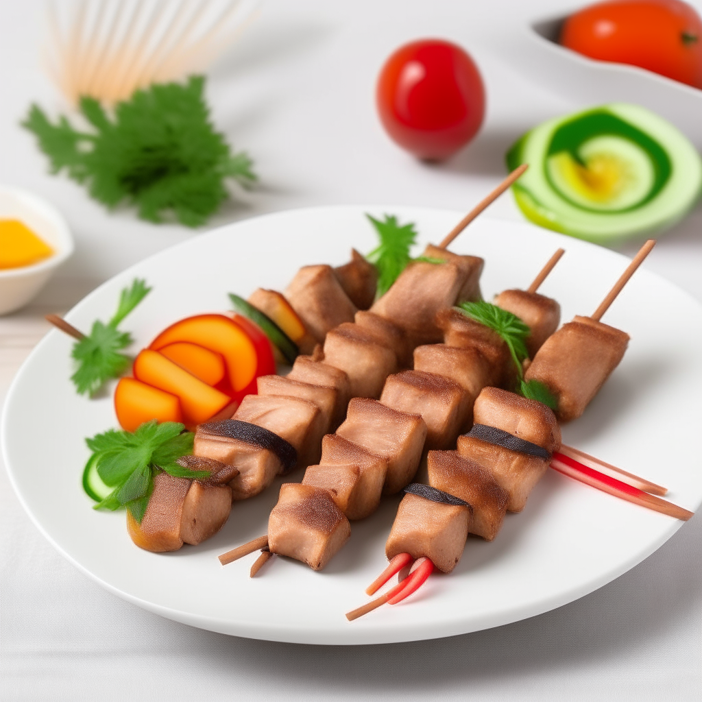 Air Fryer Pork and Vegetable Kebabs with pieces of marinated pork, zucchini, cherry tomatoes, bell peppers, and onions, on wooden skewers, served on a white plate