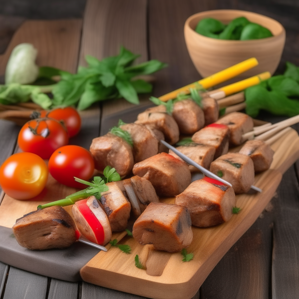 Air Fryer Pork and Vegetable Kebabs with bell peppers, zucchini, onions, tomatoes, and pork on skewers, served on a rustic wooden board with fresh herbs