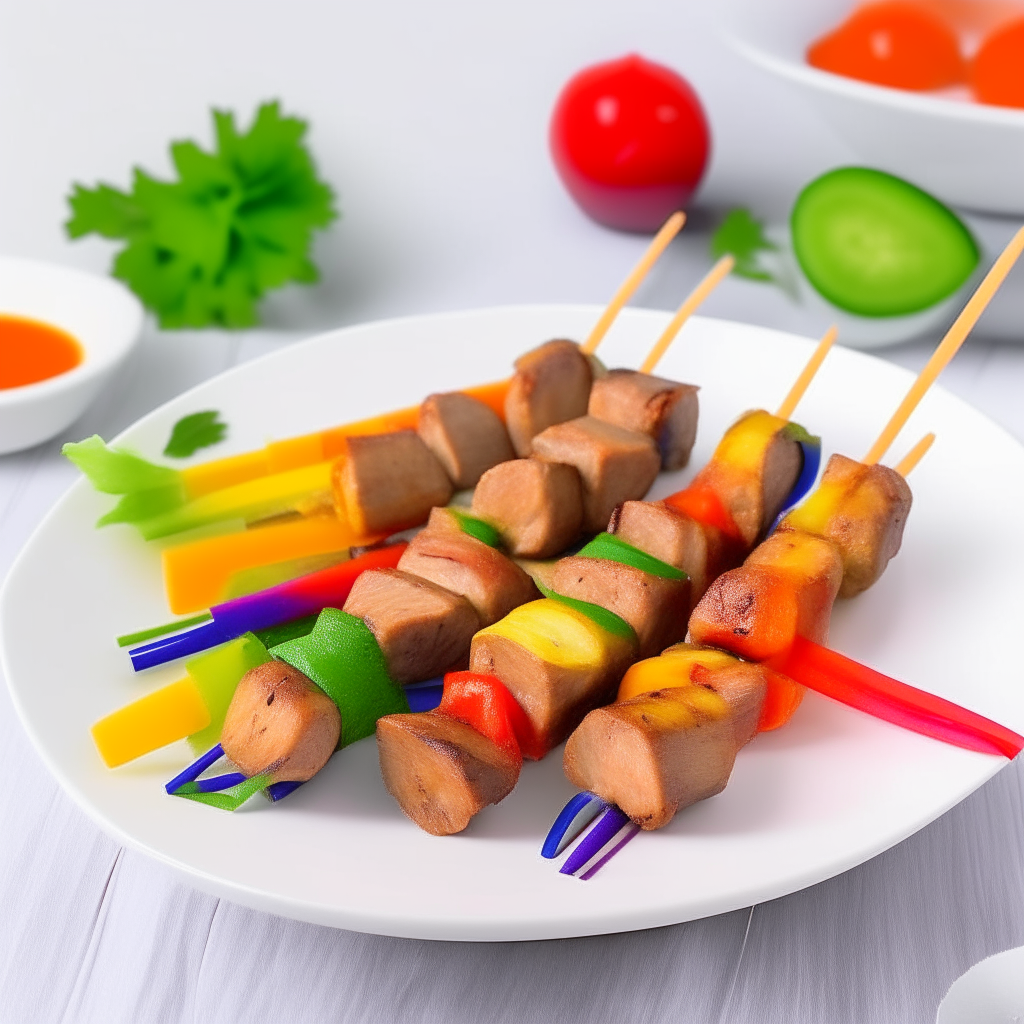 A photo of colorful Air Fryer Pork and Vegetable Kebabs on a white plate