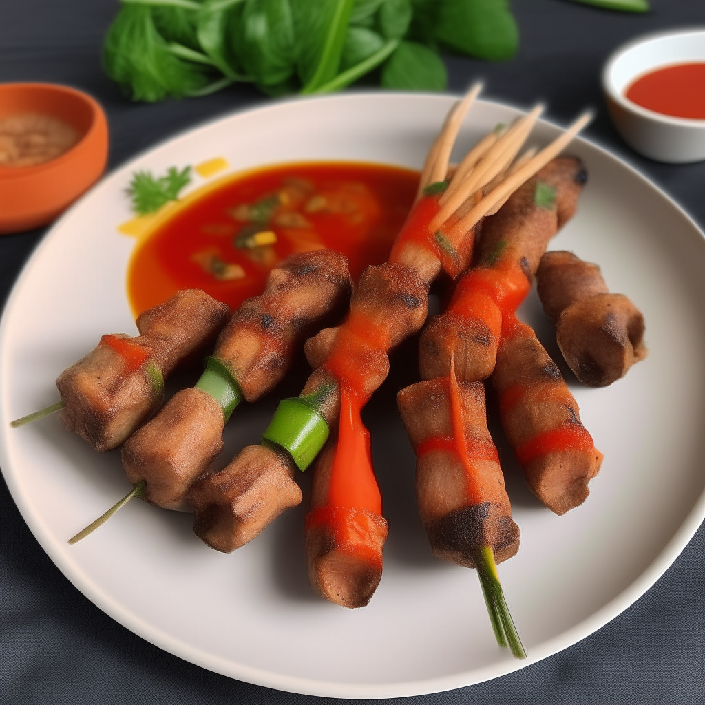 Air Fryer Pork and Vegetable Kebabs on skewers on a plate, with a tomato salsa dipping sauce