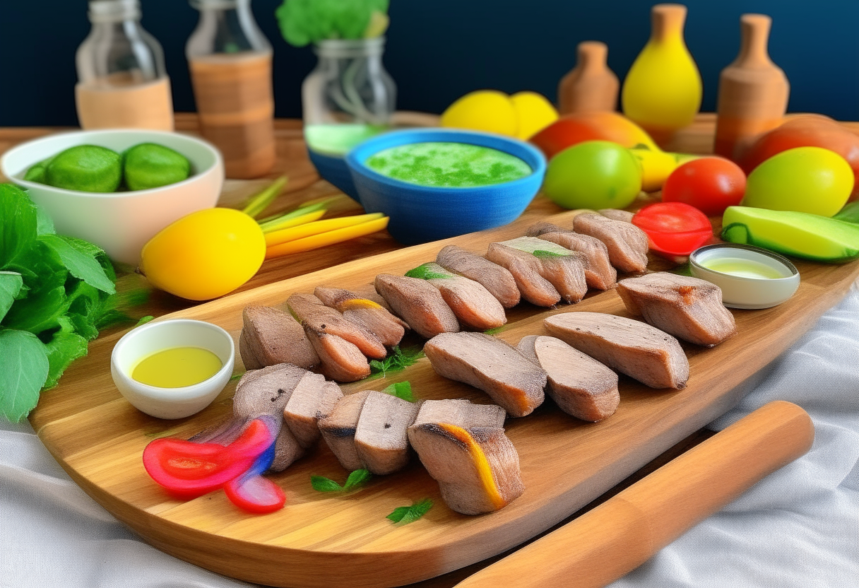 Colorful Air Fryer Pork and Vegetable Kebabs on a wooden platter with bell peppers, zucchini, onions, pork, next to a bowl of yogurt sauce, on a patterned tablecloth with lemonade, flatware and greenery in the background, digitally painted