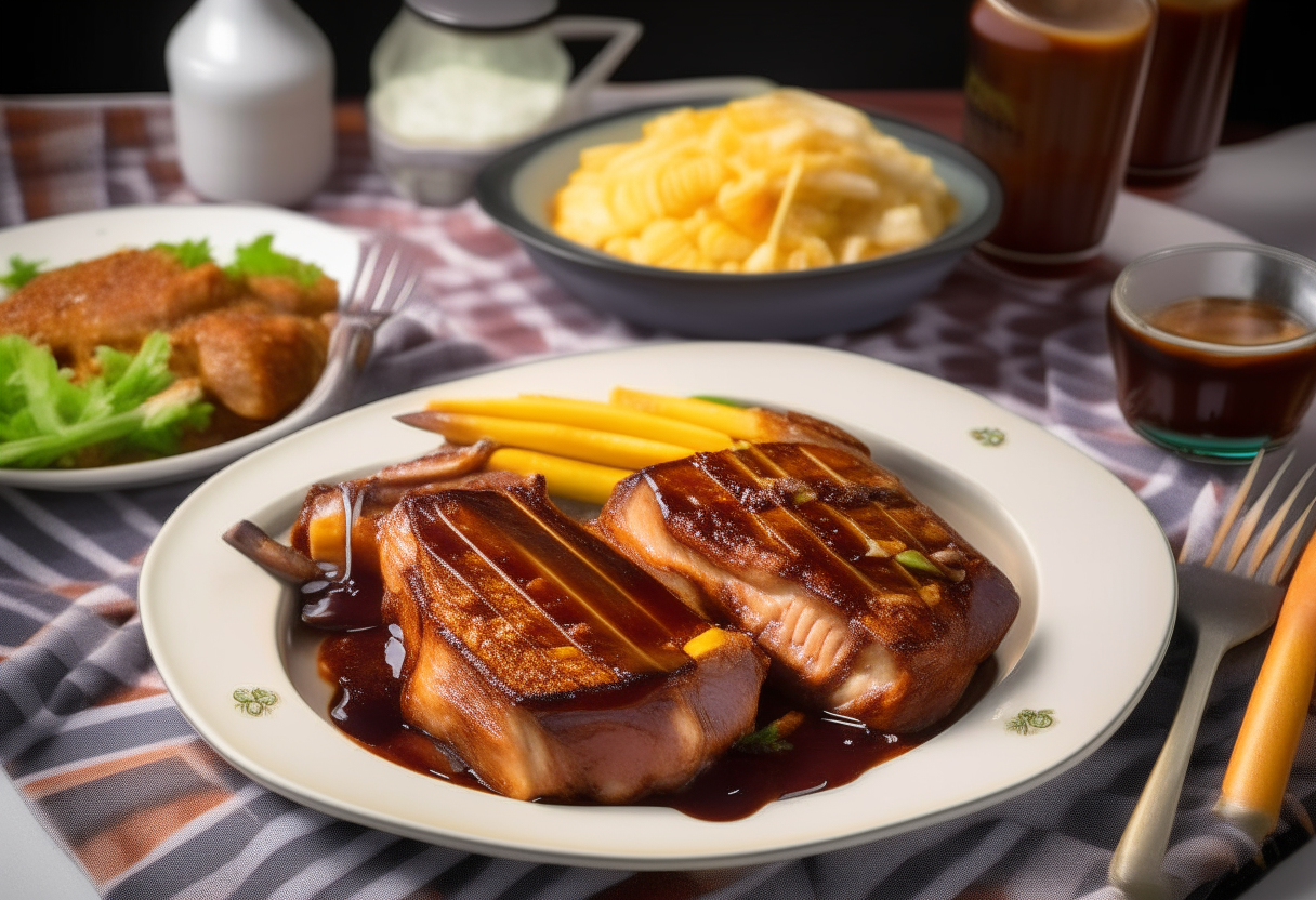 Air Fryer BBQ Pork Chops glazed with barbecue sauce on a ceramic plate, with charred edges, served with corn on the cob and coleslaw, on a checkered tablecloth with iced tea and silverware, digitally painted