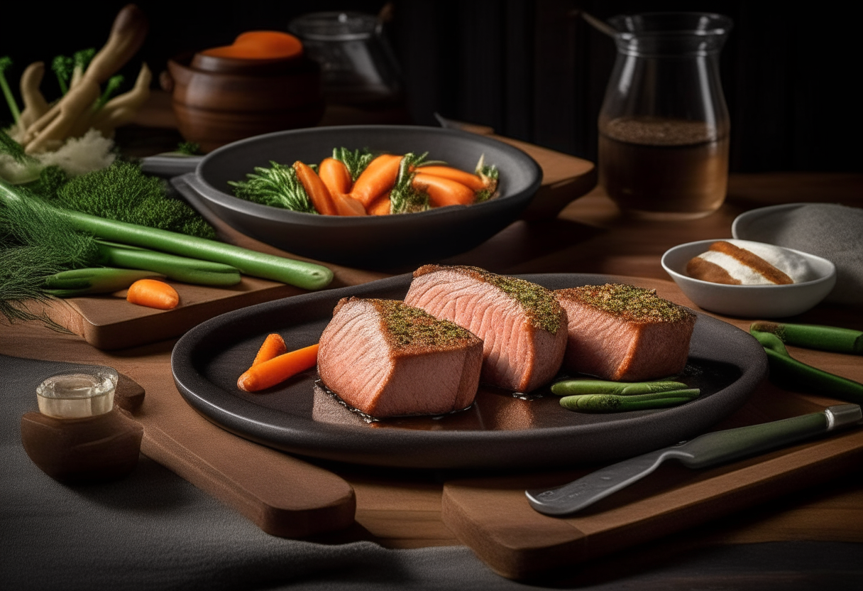 An Air Fryer Pork Tenderloin with a golden brown herb crust, sliced into medallions on a rustic wood platter, with roasted carrots and asparagus in an elegant dining setting with silverware, digitally painted artwork