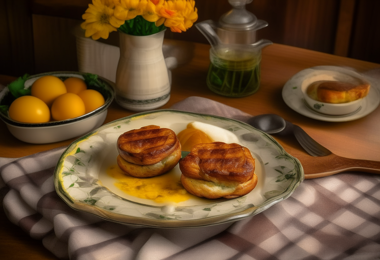 Air Fryer Sausage Patties with a golden brown sear on a rustic plate, served with scrambled eggs and toast, on a checkered napkin with flowers and coffee, in a cozy kitchen setting, digitally painted