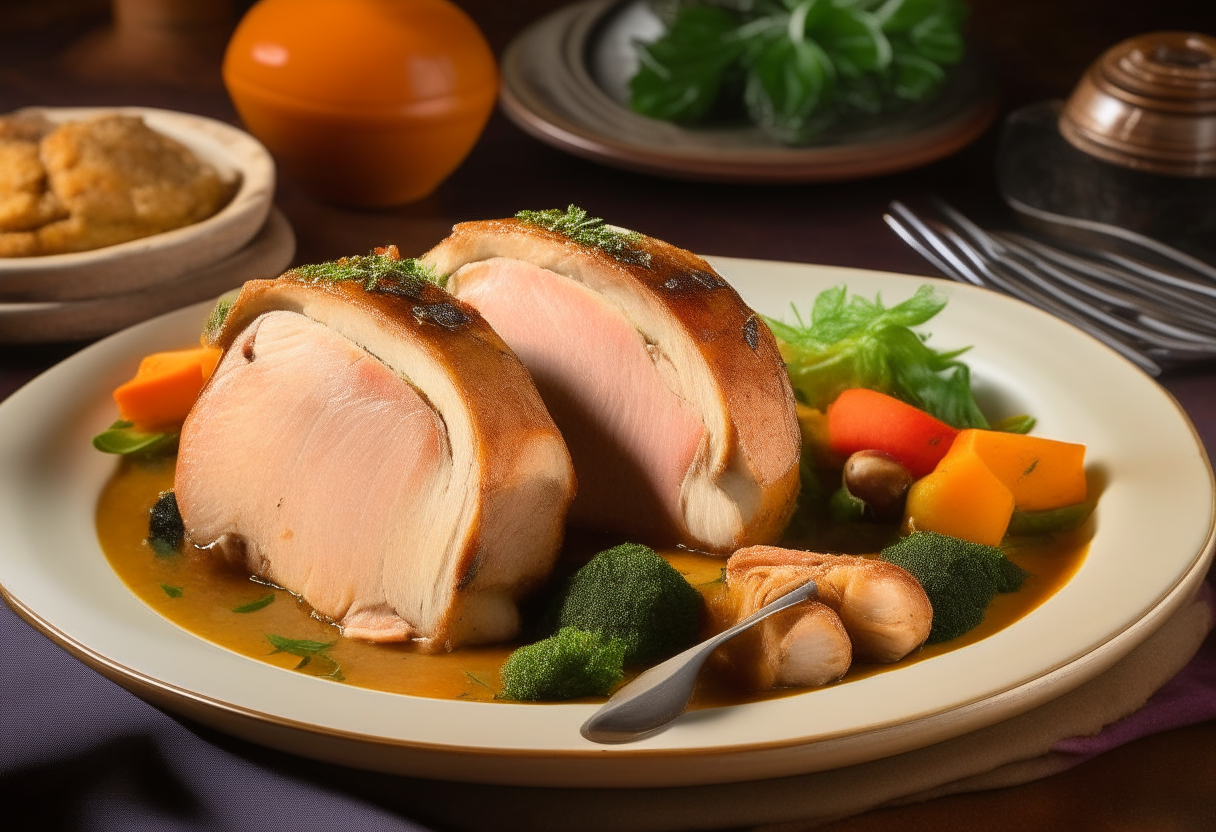 An elegantly plated Air Fryer Stuffed Pork Loin with a browned exterior sliced to reveal a vibrant herb and vegetable stuffing, served with roasted root vegetables and sauce on fine china with silverware, digitally painted