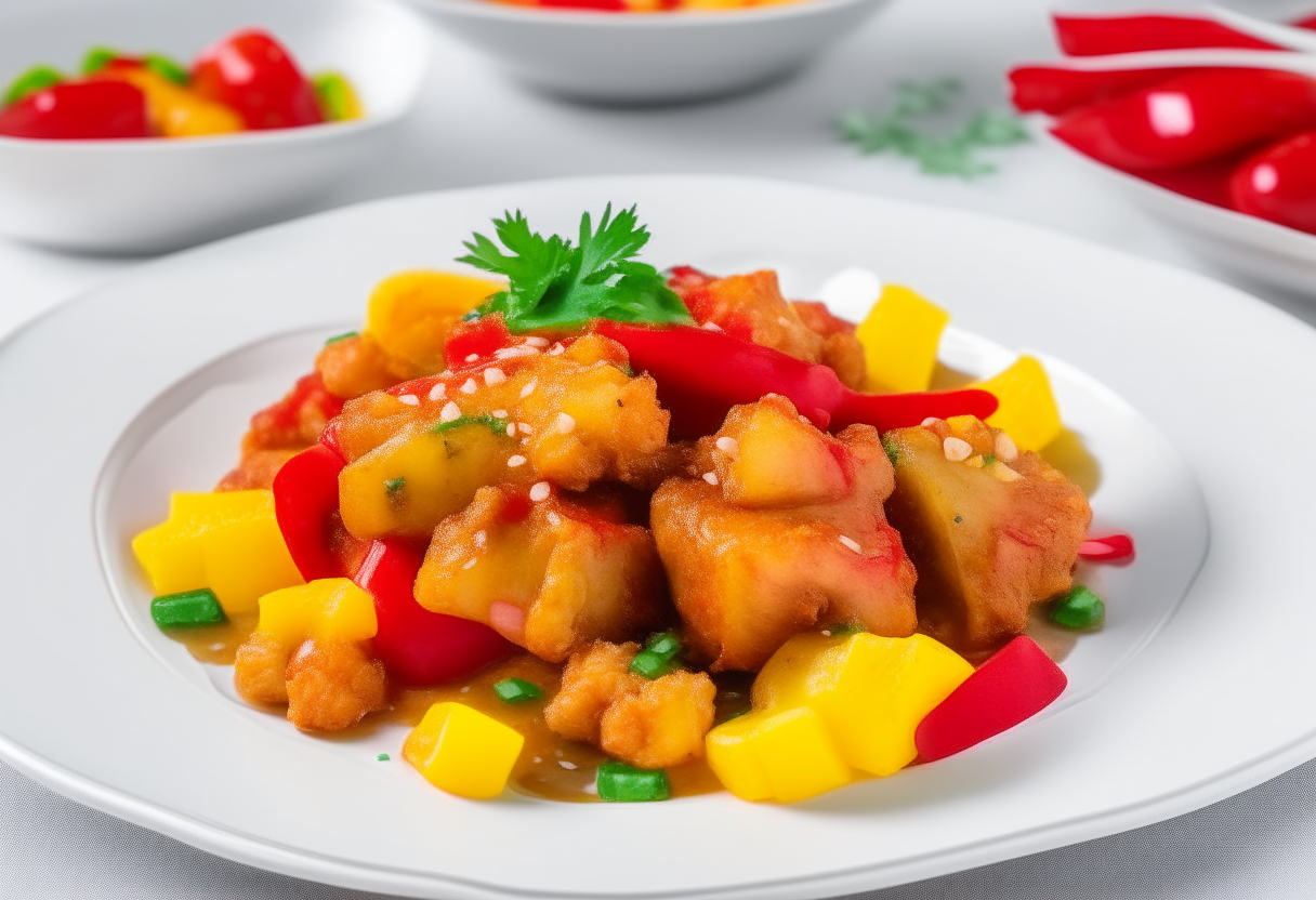 Air Fryer Sweet and Sour Pork with bell peppers and pineapple on a white porcelain plate, garnished with sesame seeds and green onions, digitally painted artwork