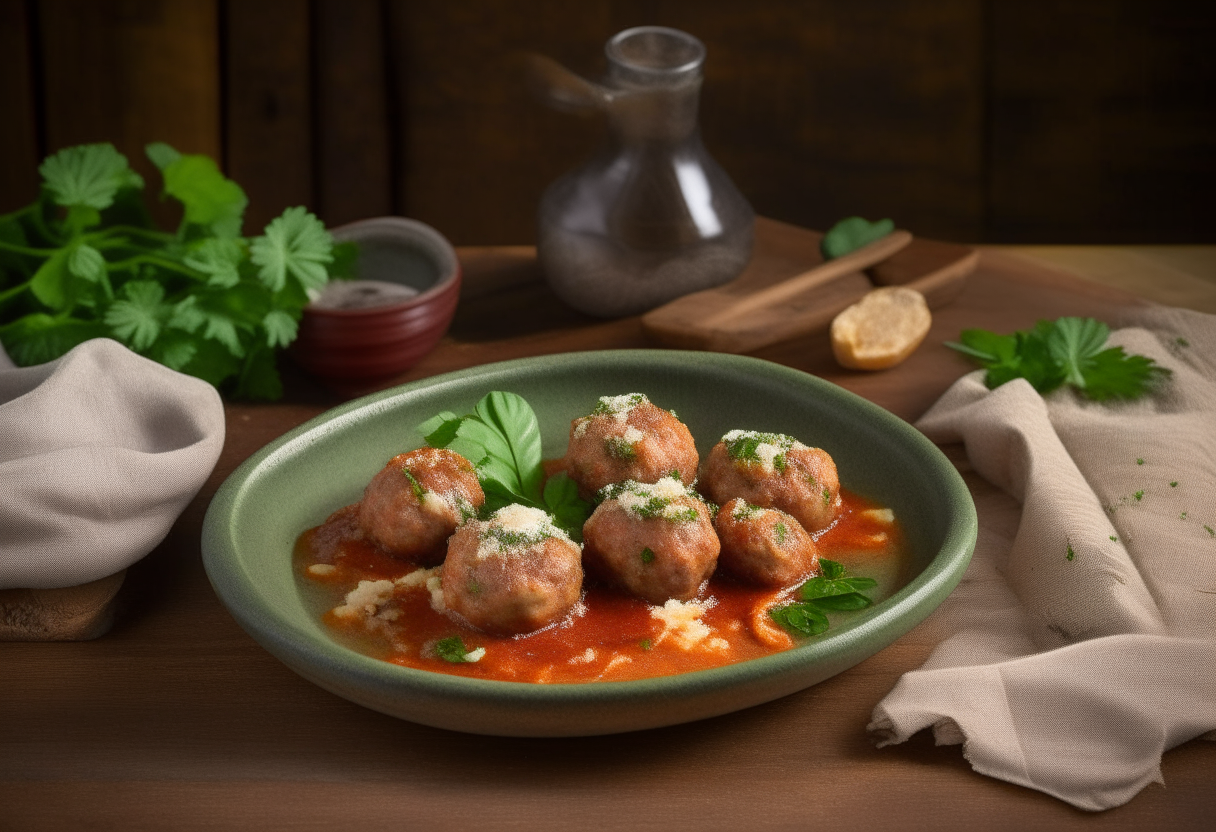 Air Fryer Italian Herb Pork Meatballs arranged on an earthenware plate, with parsley, parmesan, and marinara sauce, on a wooden table with chianti wine, digitally painted