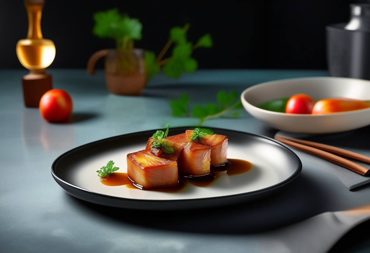 Air Fryer Pork Belly Bites with a crispy glazed exterior plated with apple slices and herbs on a minimalist table setting, digitally painted artwork