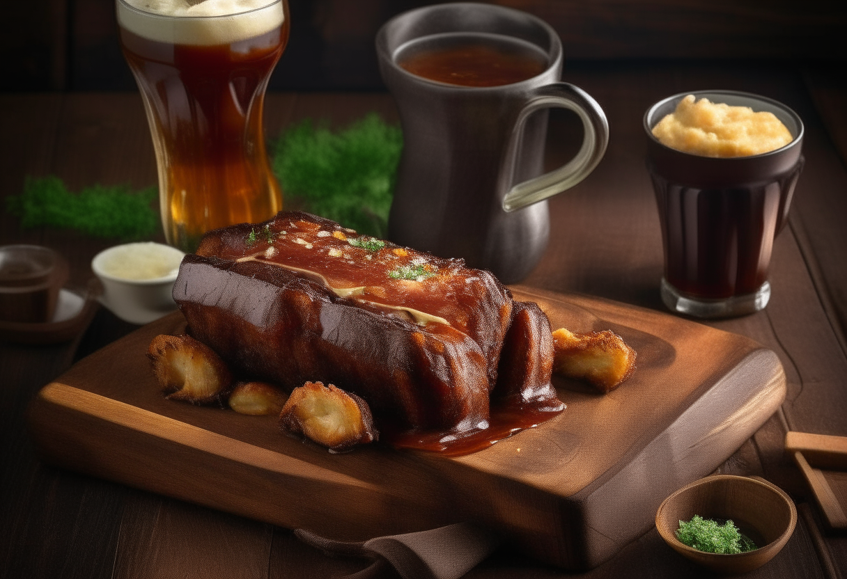 Air Fryer Baby Back Ribs glazed with barbecue sauce, served with coleslaw and cornbread, on a wooden board with a beer, digitally painted artwork