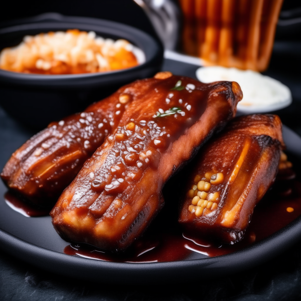 A photo of sizzling Air Fryer Baby Back Ribs glazed with barbecue sauce, served on a black plate with baked beans and corn on the cob