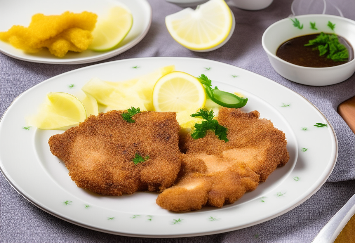 Air Fryer Crispy Pork Schnitzel with lemon slices and potato salad on a white porcelain plate, digitally painted artwork