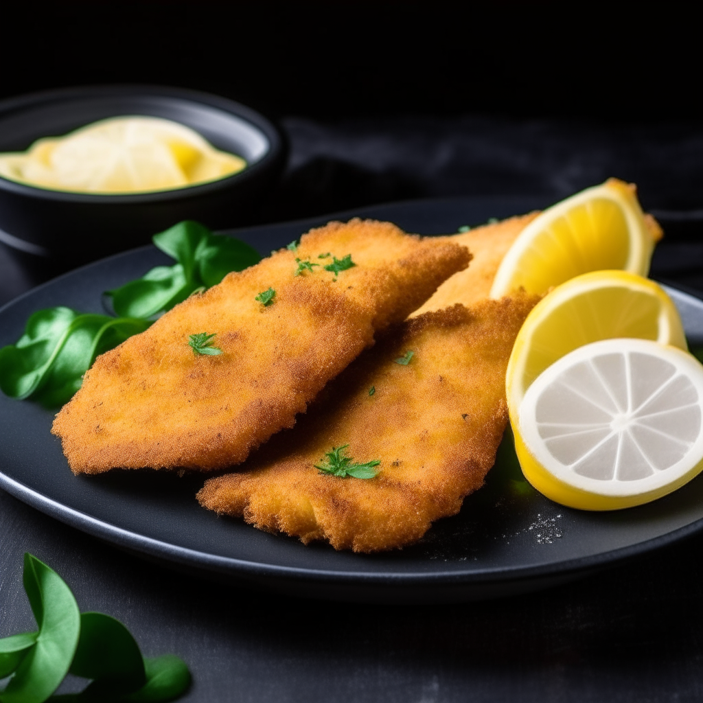 Crispy breaded Air Fryer Pork Schnitzel with lemon wedges on a black plate