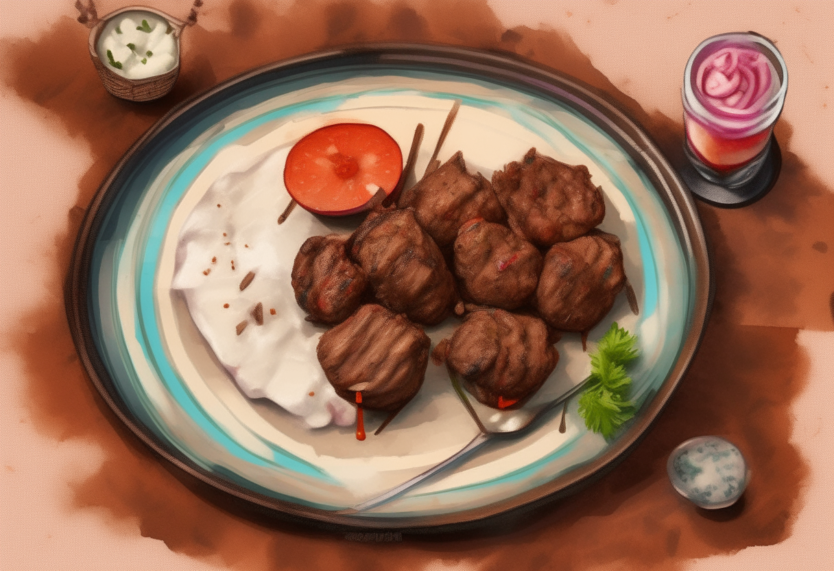 Air Fryer Lamb Kafta Kebabs on an earthenware platter with onions, tomatoes, pita bread, and yogurt sauce, Middle Eastern inspired digitally painted artwork