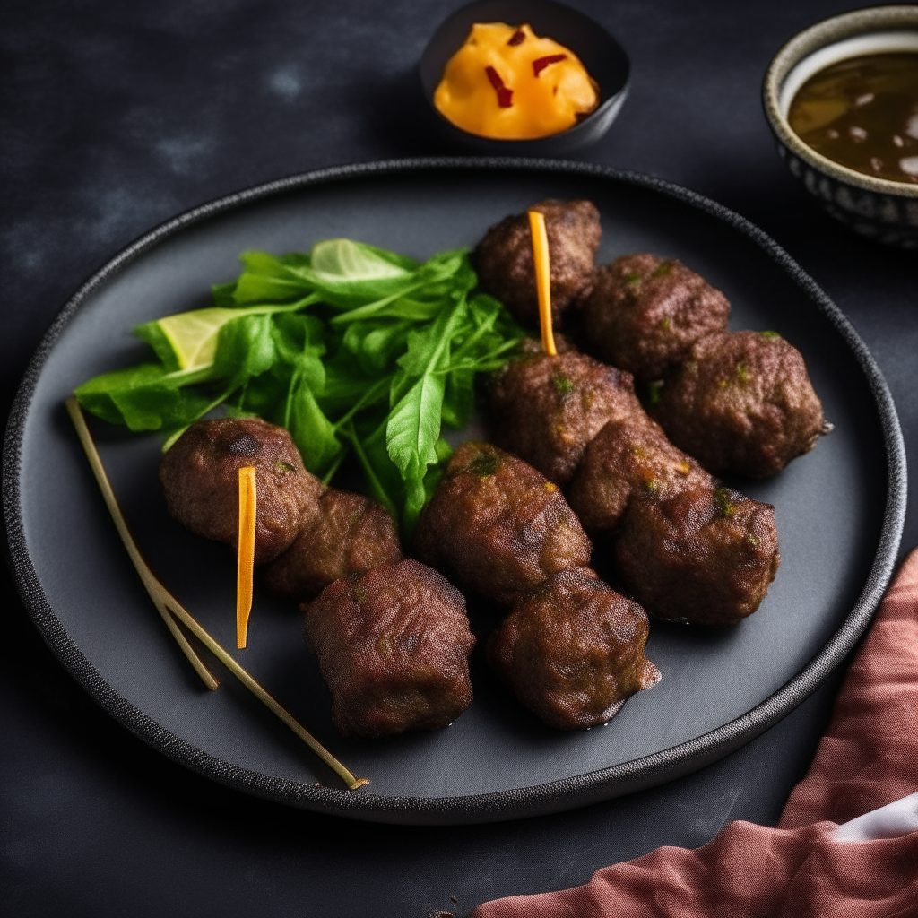 Air Fryer Lamb Kafta Kebabs plated on a black stoneware platter