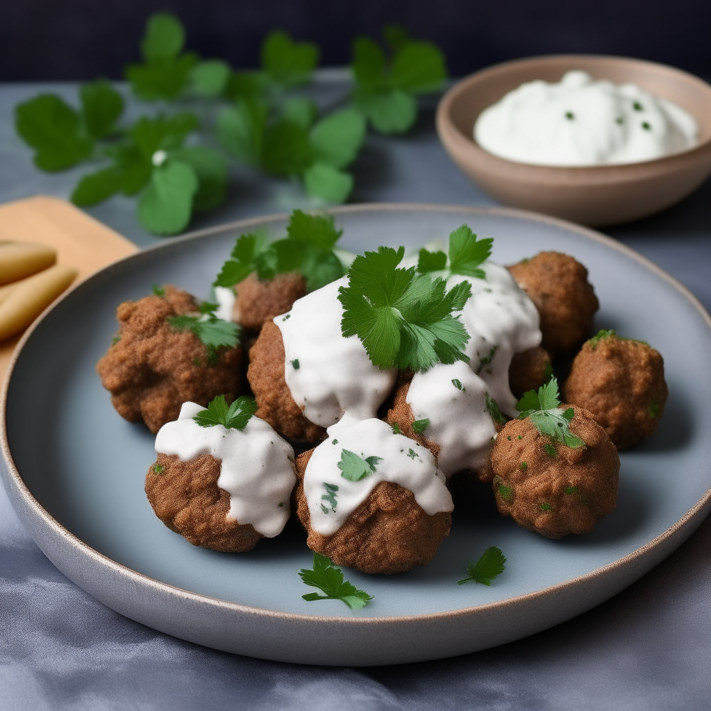 Air Fryer Moroccan Spiced Lamb Meatballs on a ceramic plate with couscous, cilantro, yogurt dip, in a Moroccan setting