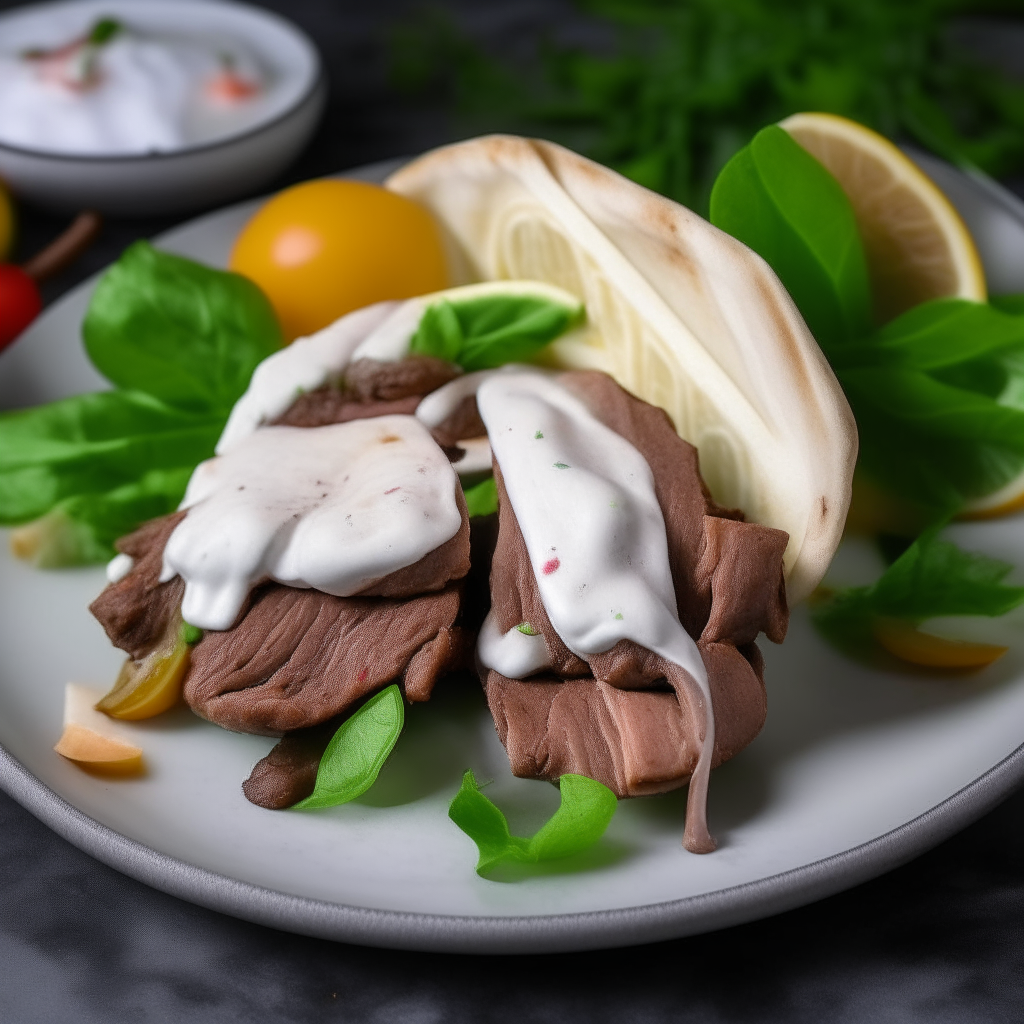 Air Fryer Lamb Gyros wrapped in pita bread with lettuce, tomato, onion and tzatziki sauce on a plate with lemon wedges and herbs