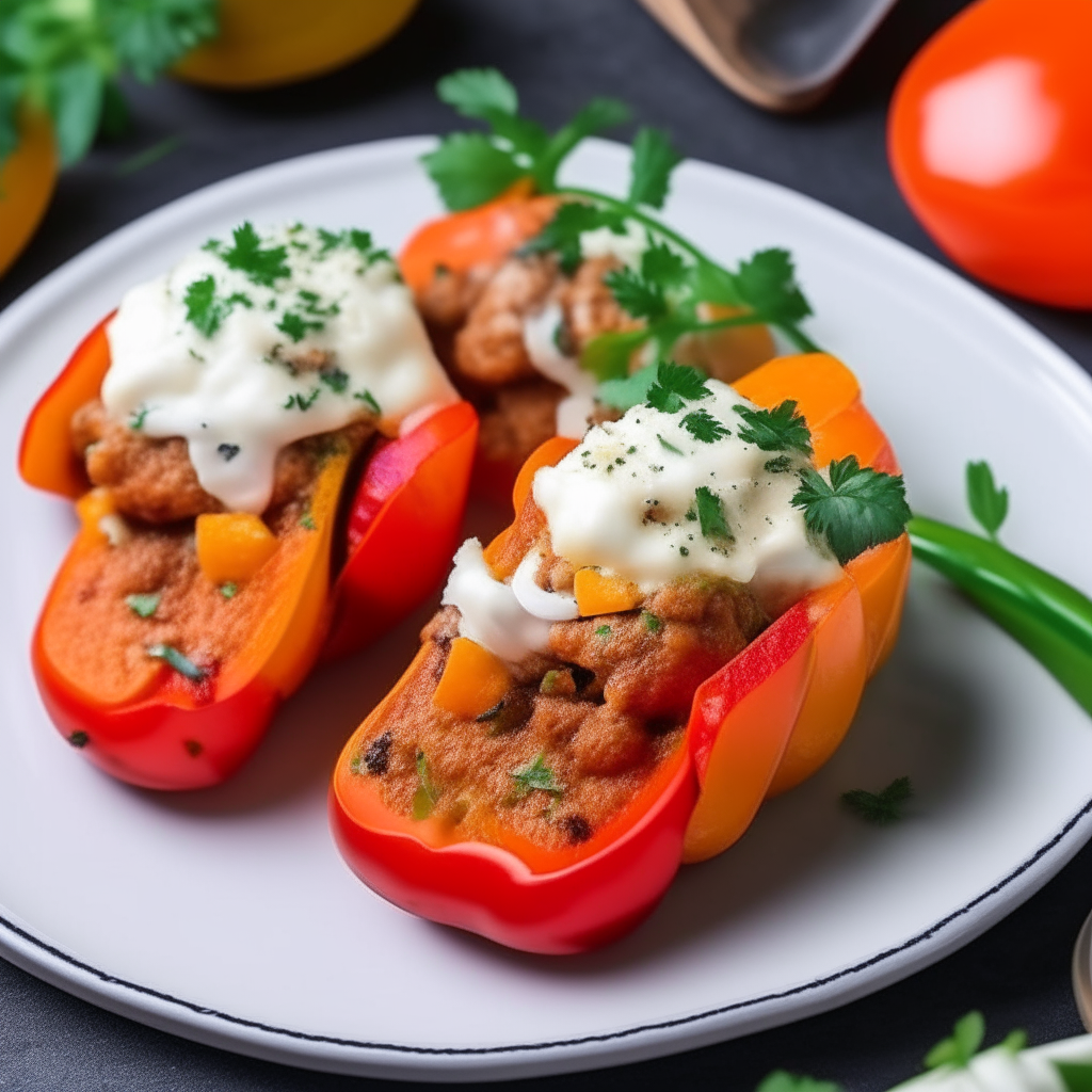 Air Fryer Lamb and Veggie Stuffed Peppers on a modern plate, garnished with parsley and feta cheese