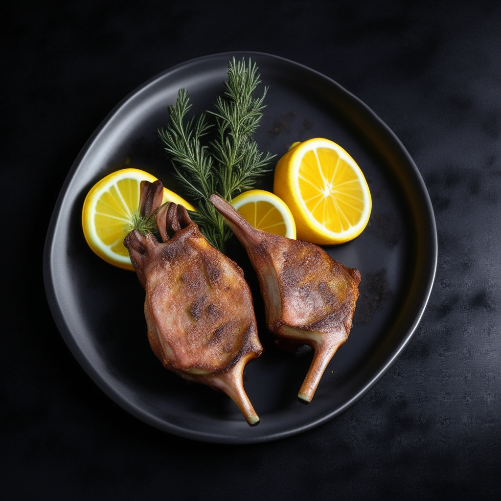 Air Fryer Rosemary Lamb Chops with lemon wedges on a dark slate platter, digitally painted artwork