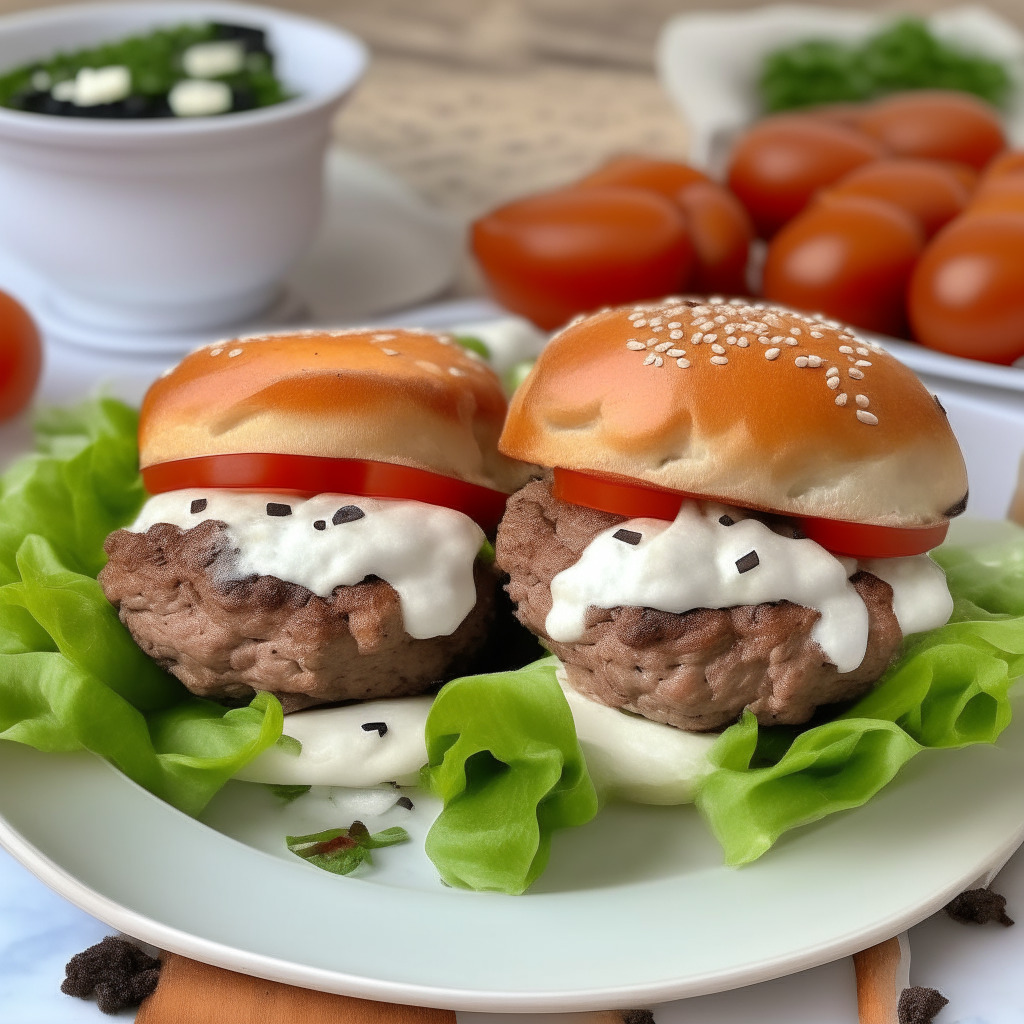 Air Fryer Mediterranean Lamb Burgers with feta, tzatziki, tomatoes, onion, lettuce on a white plate