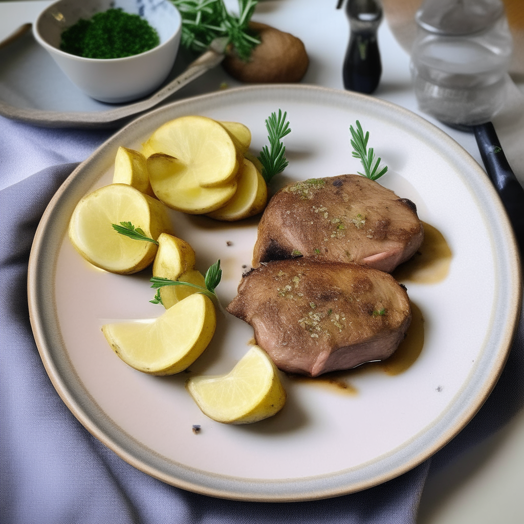 Air Fryer Lamb Steaks with garlic, rosemary and thyme, served with roasted potatoes and lemon on an elegant plate