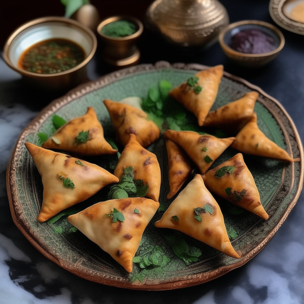 Air Fryer Spiced Lamb Samosas arranged on a patterned platter with cilantro and tamarind chutney