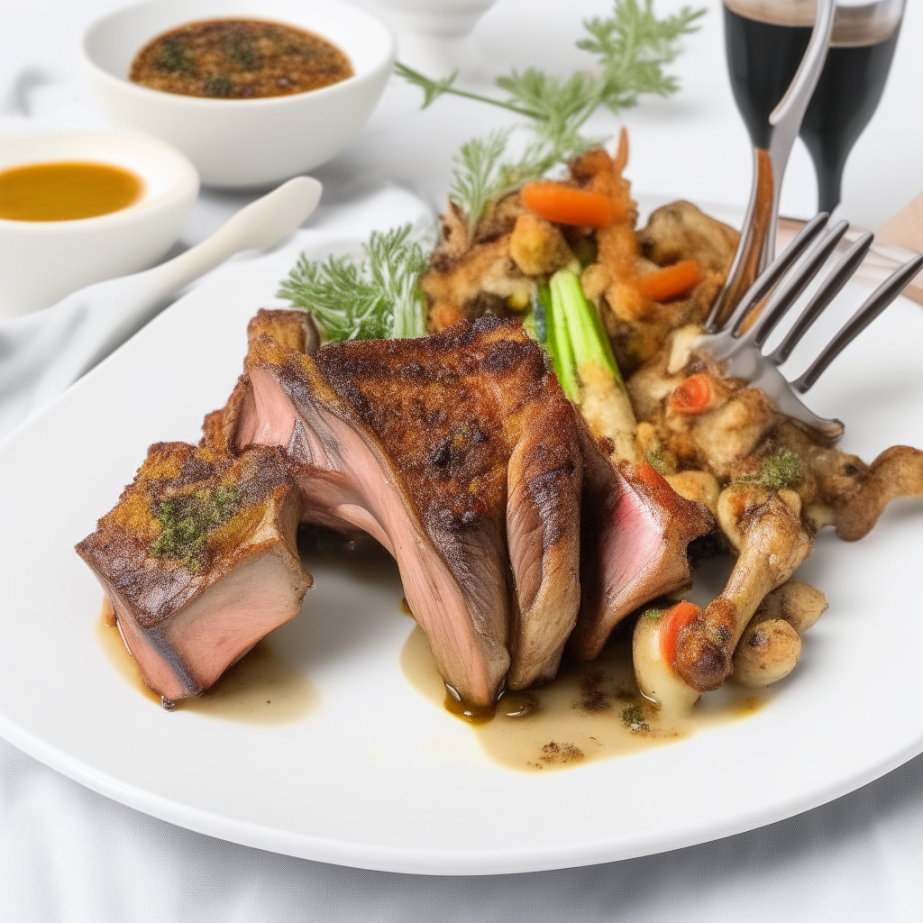 Air Fryer Rack of Lamb with a Dijon glaze, served with roasted veggies on a white platter