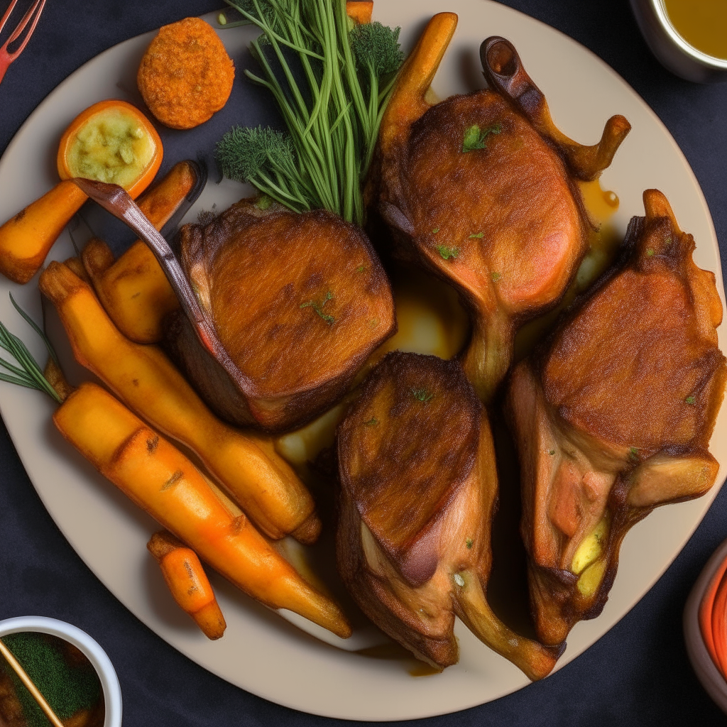 An overhead photo of a rack of lamb coated in a dijon glaze, next to roasted potatoes and carrots