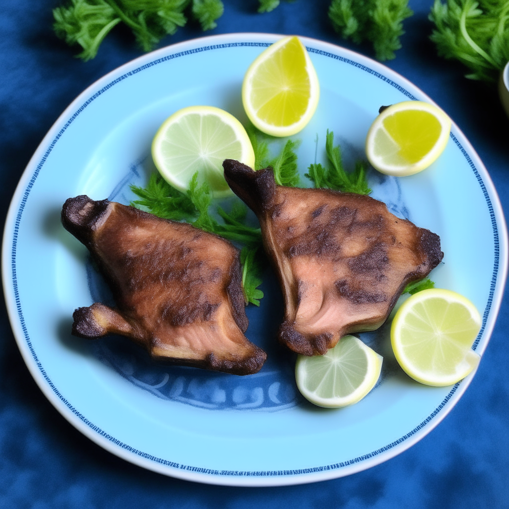 Air Fryer Greek-style lamb chops, lemon wedges, salad on a blue and white ceramic plate