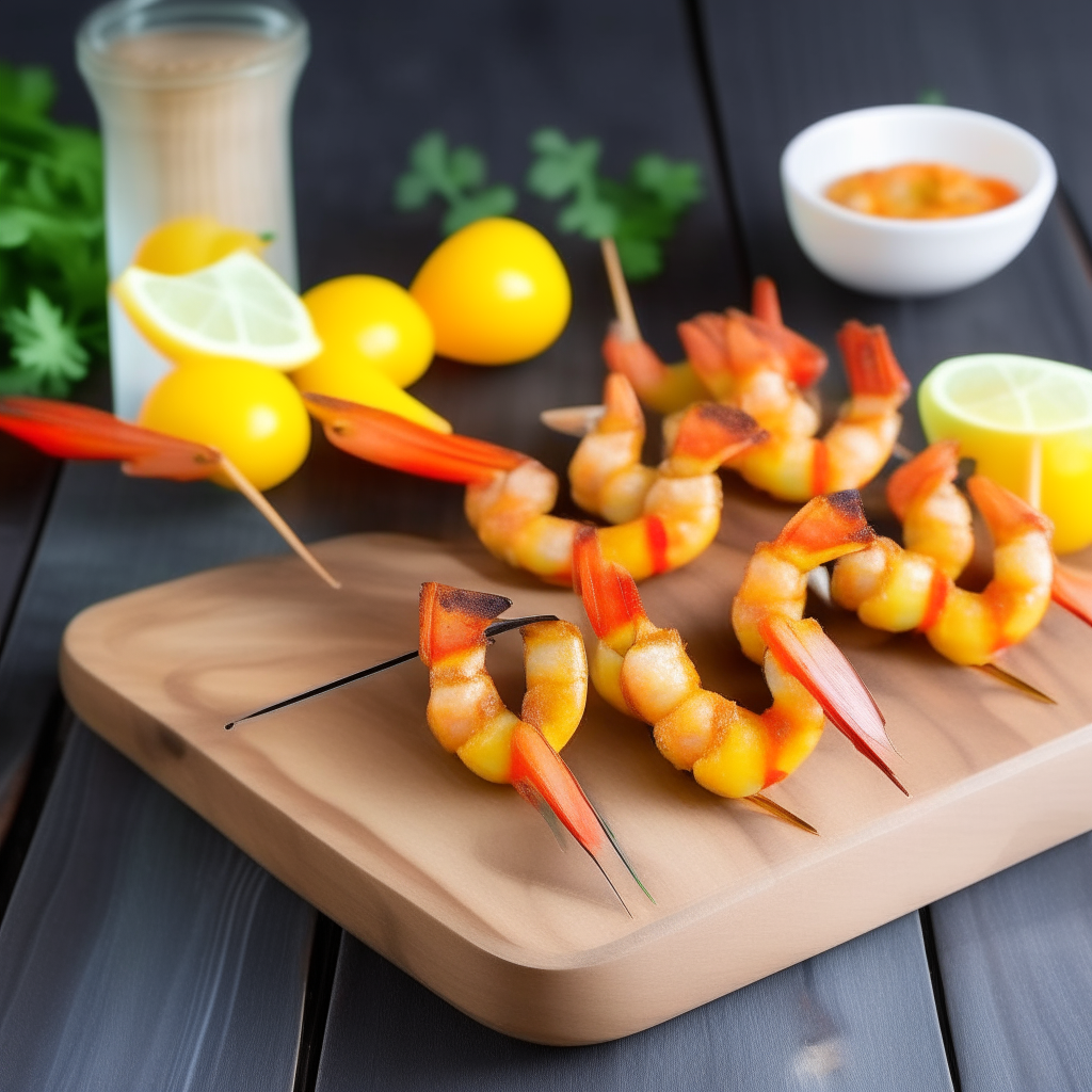 Air Fryer Cajun Shrimp Skewers on a wooden board with bell peppers, lemon wedges, dipping sauce