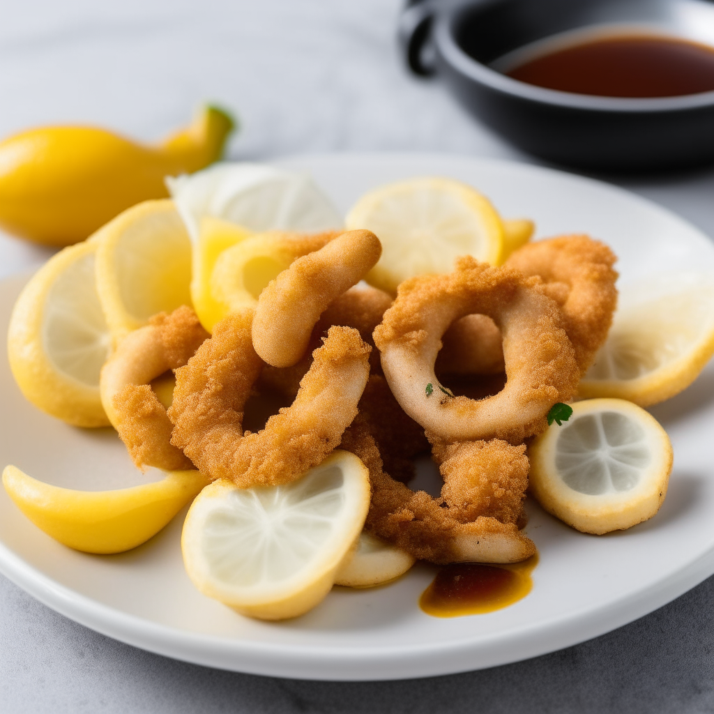 Air Fryer breaded calamari rings served with marinara sauce and lemon wedges on a white ceramic plate