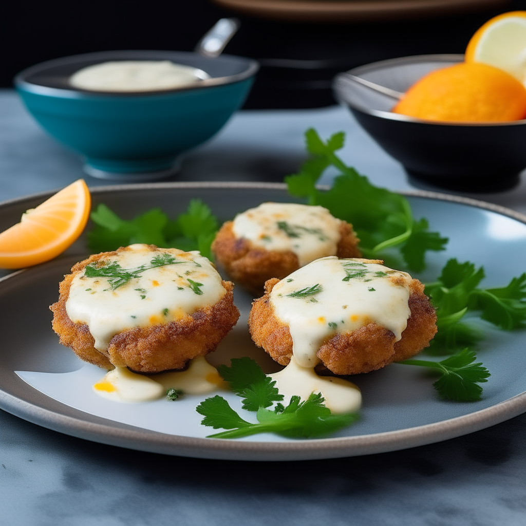 Air Fryer crab cakes with lemon aioli on an ocean-themed plate