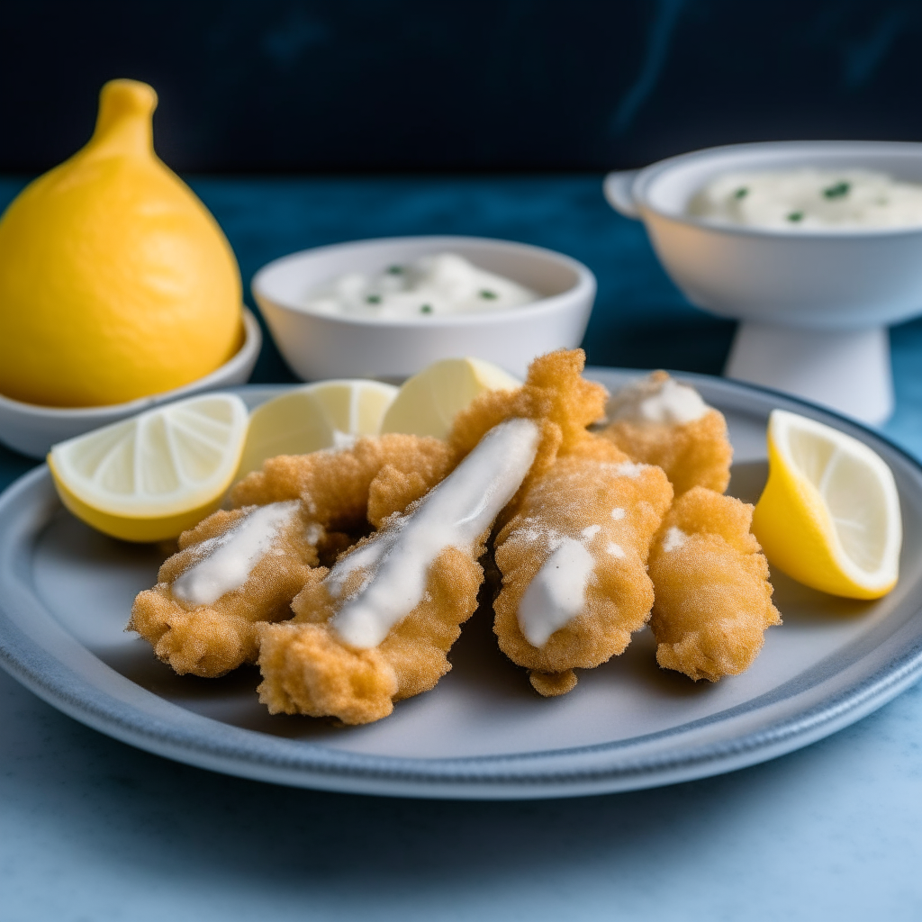 Air Fryer breaded clam strips served with lemon and tartar sauce on a blue and white plate