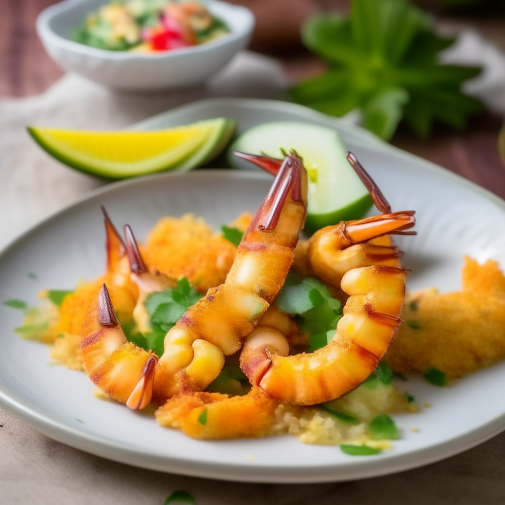 Air Fryer coconut shrimp on a tropical themed plate with mango salsa and lime wedges