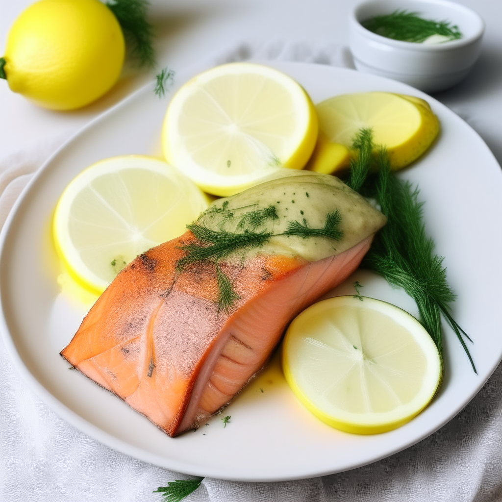 Air Fryer salmon fillet with lemon garlic butter sauce, lemon slices, dill on a white plate