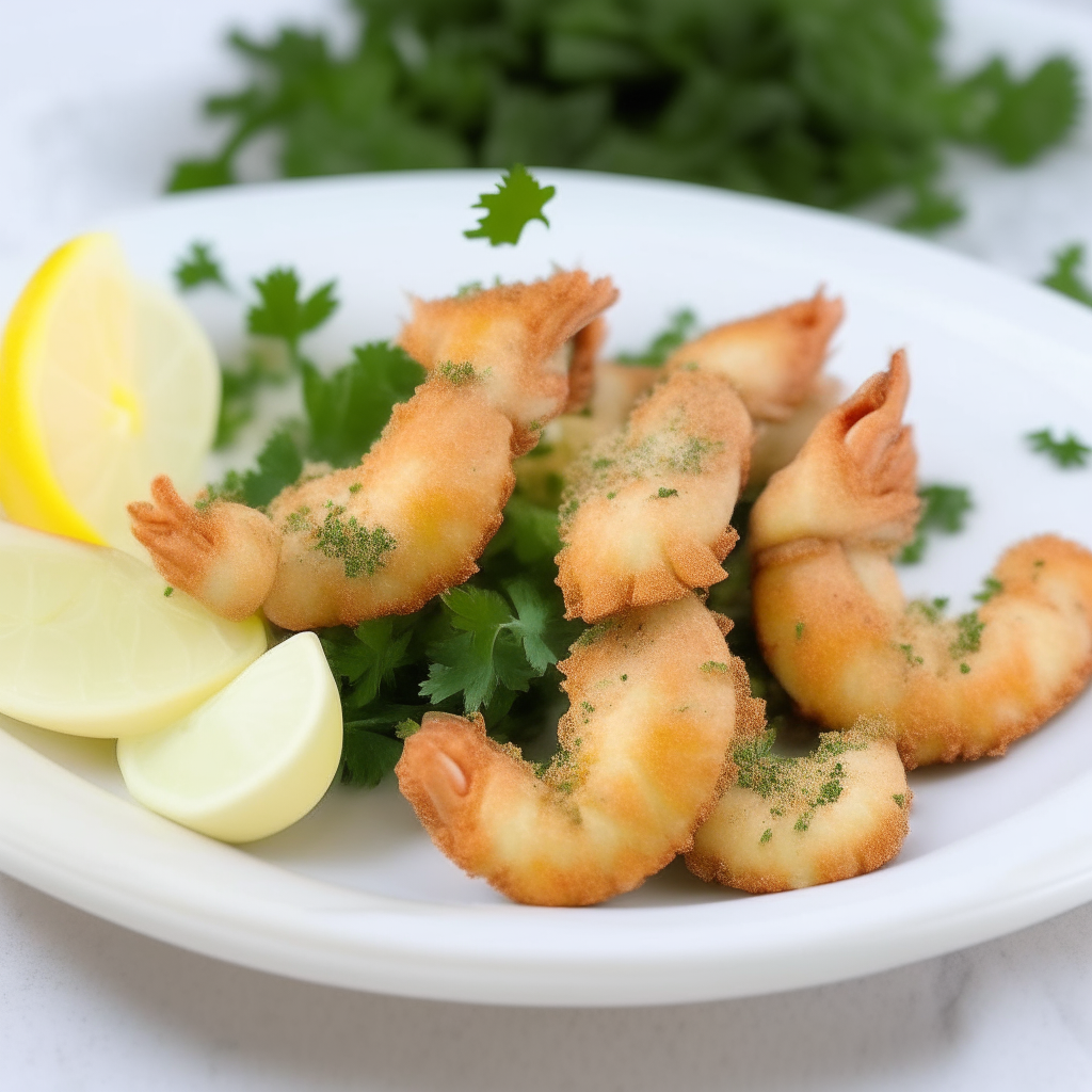 Air Fryer garlic parmesan breaded shrimp on a white plate with parsley and lemon wedges