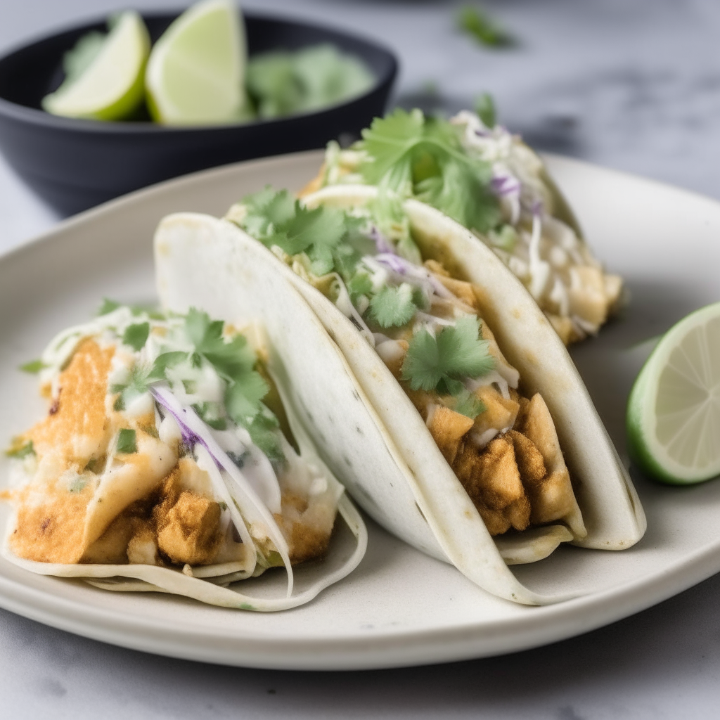 Air Fryer fish tacos with cod, cabbage slaw, cilantro, lime on a ceramic plate