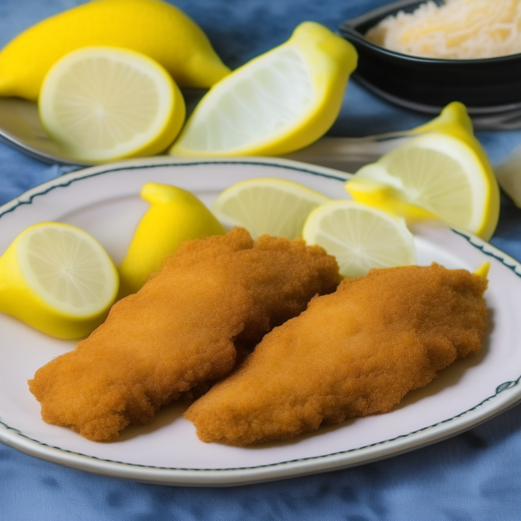 Air Fryer breaded catfish fillets with lemon slices, tartar sauce on a checkered tablecloth